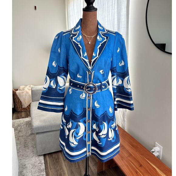 Zimmermann Dresses & Skirts - Zimmermann High Tide Linen Mini Dress Blue Sailboat Belted Size 0 Style 5751DHIG